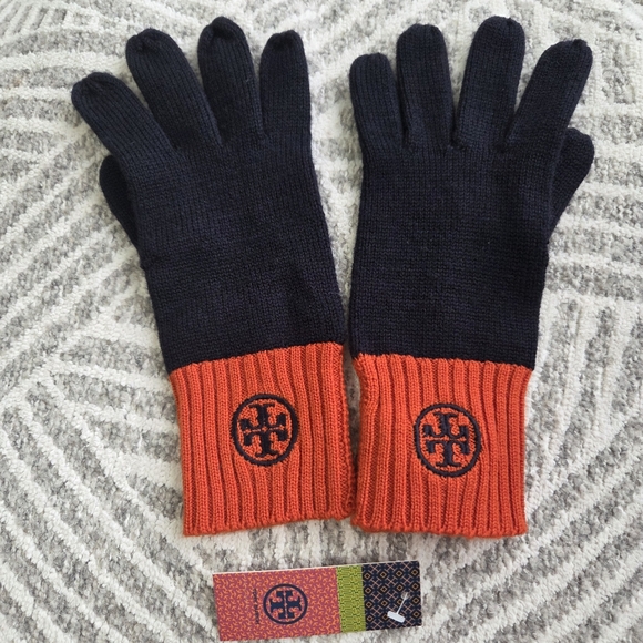 NWT Authentic Tory Burch‎ Wool Gloves Navy/Orange - Picture 10 of 10